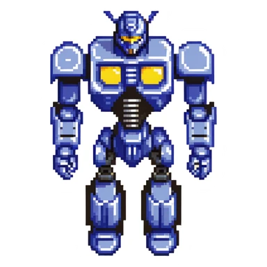 simple transformer robot in royal blue, black, and silver accents, pixel art style with an animated vibe sticker