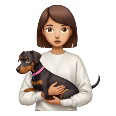 A short-haired girl in a white sweatshirt is holding a big Doberman dog sticker