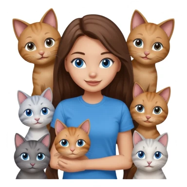 a pretty bratz dusky light skin girl with long brown hair, blue eyes with six cats nd wearing a grey tshirt sticker