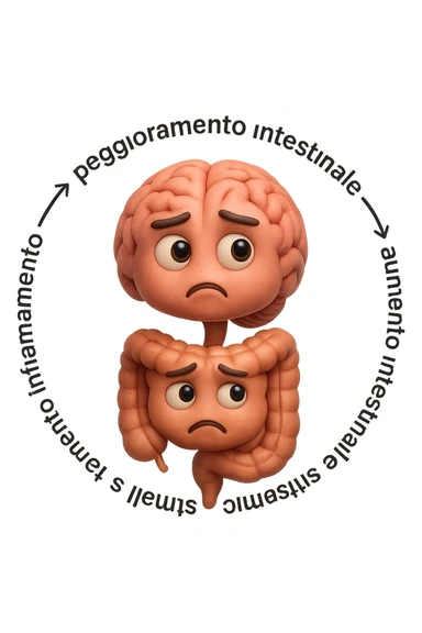 EMOJI STILE IPHONE 3D DI un cerchio con queste scritte che girano intorno "stress → peggioramento intestinale → aumento infiammazione → peggioramento sintomi intestinali e sistemici." al centro del cerchio metti un cervello e intestino umani collegati verticalmente con espressione dubbiosa in volto, FALLO MOLTO REALISTICO IN 3D sticker