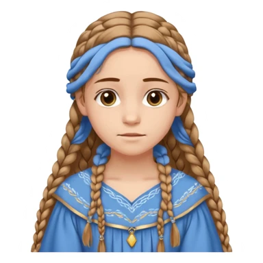 Joven de unos 20 años, de aspecto dulce y elegante.
Piel clara, ojosy expresivos, sonrisa triste.
Rubio o castaño claro, largo, con trenzas o velo.
-Vestido largo de tonos suaves (blanco, azul o lavanda), con bordados dorados; un manto o toca fina cubriendo la cabeza. sticker