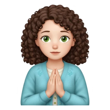 young girl in cozy cardigan milky blue tones, green eyes, freckles, plump lips, dark brown curly hair below shoulders, hands folded in prayer or gratitude, looking forward, gentle expression, emoji style sticker