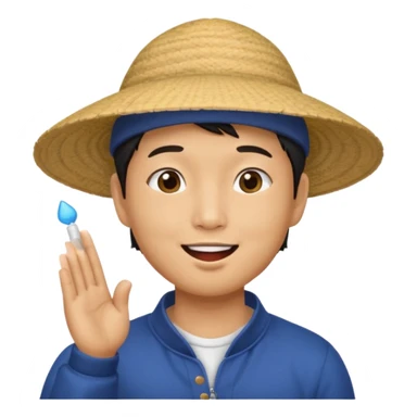 asian man in asian hat blowing a liss sticker