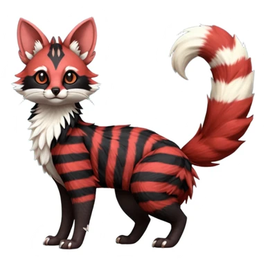 Beautiful fluffy thick puffy hyper-realistic lifelike furry black and red, Civet-Genet-Possum-Serval-Caracal-Sergal-Trico-Numbat-Furret-fusion-Fakemon-hybrid-creature (full body) with long tufted ears and a striped tufted tail  sticker