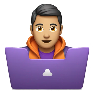 An Asian developer on a laptop in an orange and purple jacket sticker