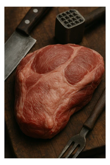 Macro fotografia di carne di maiale cruda, con dettagli che ricordano la consistenza e il colore della carne umana, posata su un tagliere di legno accanto a strumenti da cucina. Atmosfera realistica e leggermente inquietante. sticker