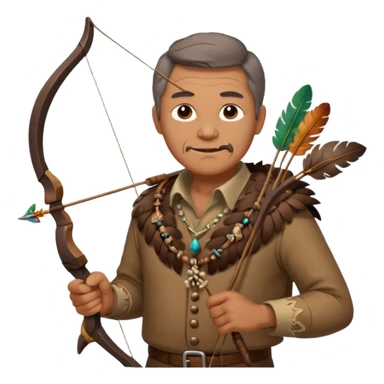 The classic image of a middle-aged uncle hunter carrying a bow, dressed in brown clothes, with some ornaments made of feathers, bones or teeth on his body. sticker