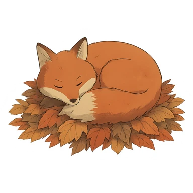 sleepy fox curled up on a pile of autumn leaves, ghibli style sticker