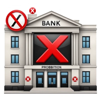 bank building with a large red X over it, prohibition sign sticker