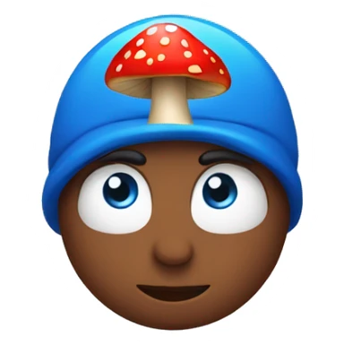 person with blue eyes and red mushroom in head sticker