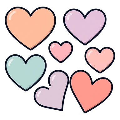 several hearts of different shapes on one canvas, icon-color-outlined style, vector look with shadows and highlights, detailed shading, thin clean outlines, soft rounded features, pastel palette #98B5BC #B5B3C1 #C9A3C9 #E4C0CA #F7DCD1 #F7C0AA, Japanese pop art, sticker look, highly detailed, transparent background sticker