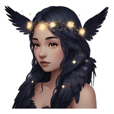 Black Raven wings bohemian girl Ethereal galaxy constellation girl angel raven wings black wings, gold arrow, nebula, flower crown, fairy lights, iridescent sticker