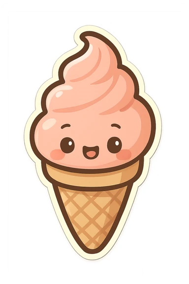 chibi sticker-style ice cream cone with a smiling face, cute and exaggerated sticker