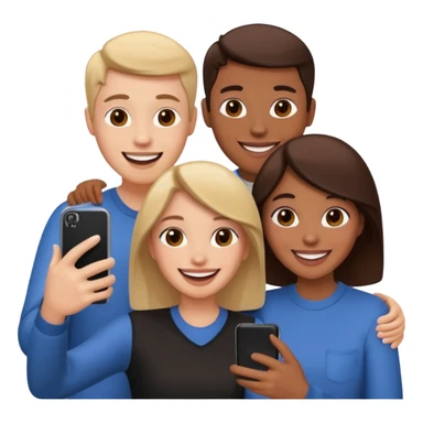 three friends holding phone selfie smiling sticker