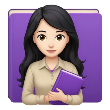 Long Hair Women with purple Book, Black wavy hair, beige shirt sticker