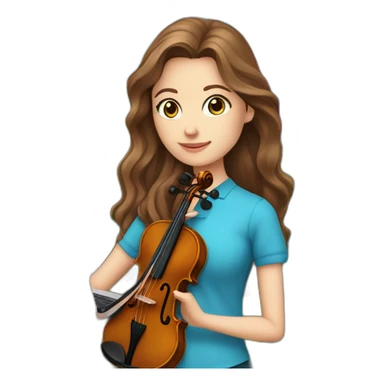 White female long brown wavy hair vivid blue eyes purple shirt holding a violin standing in a garden with laptop sticker