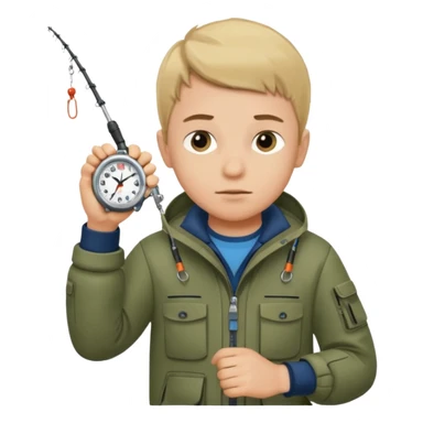 Boy in fishing suit looking at his wristwatch sticker