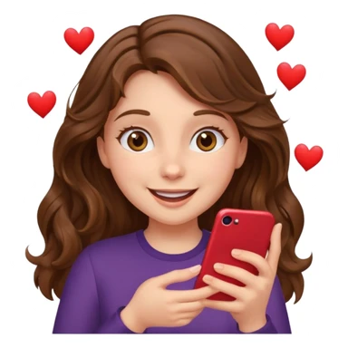 Girl with wavy brown hair and hazel eyes Looking at phone and in love and she is excited and hot with hearts sticker