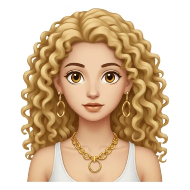 attractive Greek woman with long curly hair and light skin wearing gold hoop earrings and a small gold necklace sticker