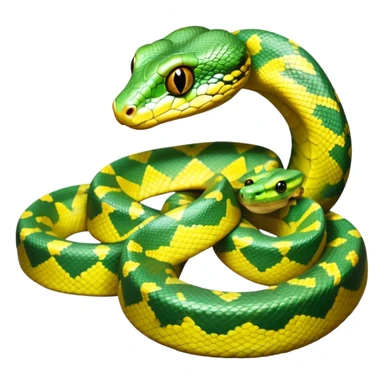cinematic-green tree python-realistic-full-body-coiled-emoji,-thick-scaled-body-looped-tightly,-intricate-yellow and white-patterned-scales-reflecting-light,-head-tilted-dramatically,-cute-eyes-staring-calmly,-simplified-yet-realistic-focused-feature sticker