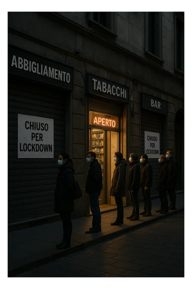 a deserted city street with all shops and businesses shuttered, their windows covered with “Chiuso per Lockdown” signs. In contrast, a brightly lit tobacco shop stands open, with a glowing “Aperto” sign and people lined up outside, all wearing masks. The mood is somber and critical, highlighting the paradox. sticker