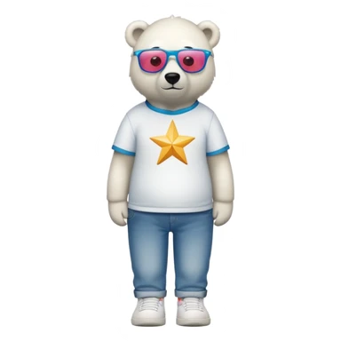 friendly anthropomorphised polar bear standing upright, looking chilled and unbothered, wearing a shirt, jeans, trainers, oversized colorful star glasses sticker