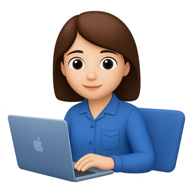 Change hair to brown, right hand forward to the front, keep blue clothes, hand on laptop. The style should resemble emoji style with no background. sticker