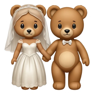 Teddy bear wearing white wedding dress holding the hand to another teddy bear wearing nothing.  sticker