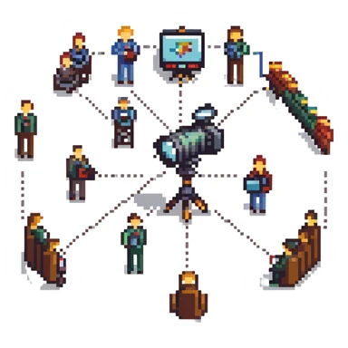 pixel art style illustration of a professional filmmaking network showing multiple cinema professionals (director, cameraman, sound engineer, editor, etc.) connected by lines or connection symbols, collaborative atmosphere, figurative style, large image sticker