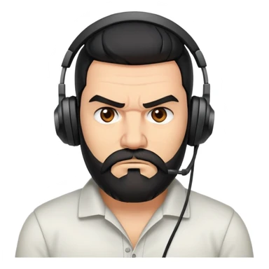 Furious man with furrowed brows, scowling face, black hair, brown eyes, black beard wearing a gaming headset sticker