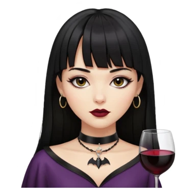 mulher cabelos pretos longos e lisos com uma franja curta acima dos olhos, olhos pretos com delineado, expressão séria, com um sorriso sensual e lábios cor de vinho, ela usa uma gargantilha preta com um pequeno pingente de morcego preto sticker