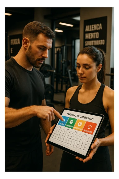 realistic cinematic photo a personal trainer and a client stand in a modern gym, reviewing a large, color-coded training calendario or chart on a tablet. The calendario shows different phases (Forza, Ipertrofia, Resistenza, Recupero) with icons and dates. Around them, gym equipment and motivational posters reinforce the idea of structured, periodized training. in italiano sticker