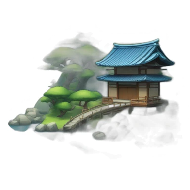A lakeside island with a shinto gate and small Japanese house with a blue tiled roof sticker