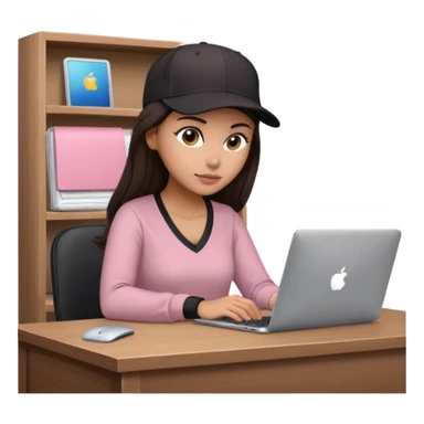 A professional 3D avatar of a young woman with olive skin and long, dark brown hair, wearing a dark, long-sleeved V-neck dusty pink shirt and a black baseball cap. She's sitting at a sleek wooden desk, typing and looking at a silver MacBook.  sticker
