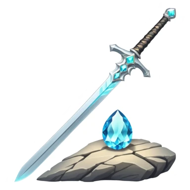 Shining silver sword with jeweled hilt, stuck in a stone, glowing aura.  sticker