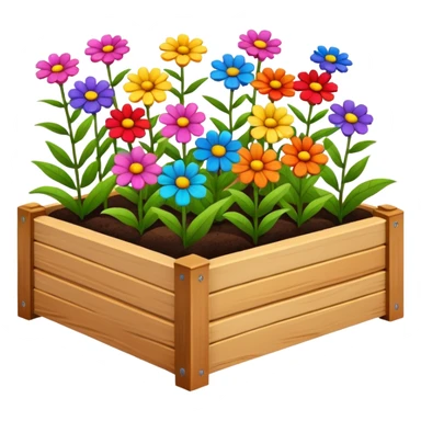 wooden raised bed with a few flowers sticker
