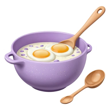 a lilac ceramic mixing bowl with a wooden spoon stirring and sitting next to it is a few eggs sticker