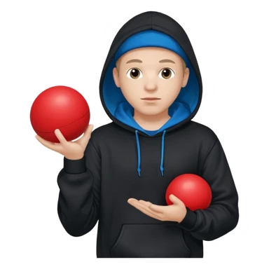 white rapper in a hoodie holding a blue ball in left hand and a red ball in right hand sticker