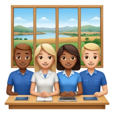 Employees of a startup company with a countryside view outside the window sticker