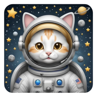 astronaut cat emoji, highly detailed, looks too good, fond of space and astronomy, wearing a space suit, floating among stars, expressive and charming sticker