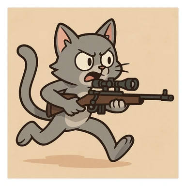 cartoonish small grey cat with a sniper rifle, dynamic action pose sticker