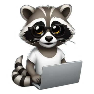 racoon wearing square glasses and white tee working on a black laptop sticker