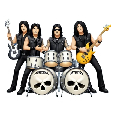Icon for Heavy Metal: Anthrax live concert with Charlie Benante on drums, Joey Belladonna on vocals, Frank Bello on bass, Jonathan Donais and Scott Ian on guitars. The intense energy of the band is captured with instruments and stage lighting. Transparent background. sticker