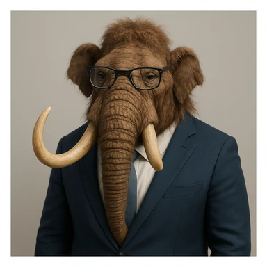 mamut con saco azul y gafas, estilo corporativo, fondo neutro sticker