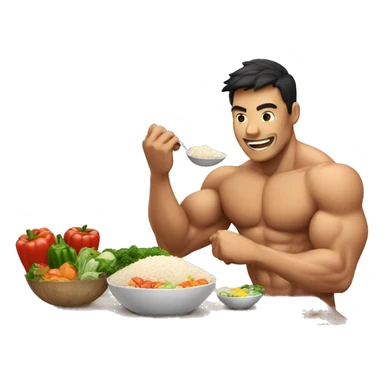 muscular man eating rice, meat and vegetables sticker
