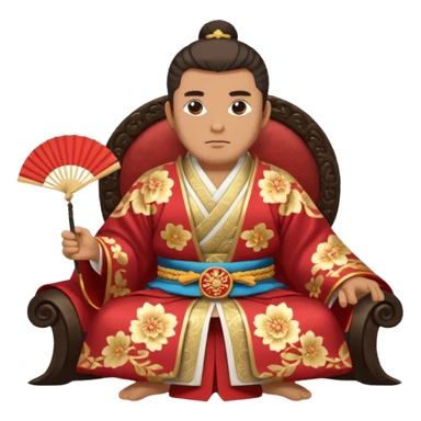 Wealthy warlord in ornate kimono, crest on chest, seated with fan in hand. sticker