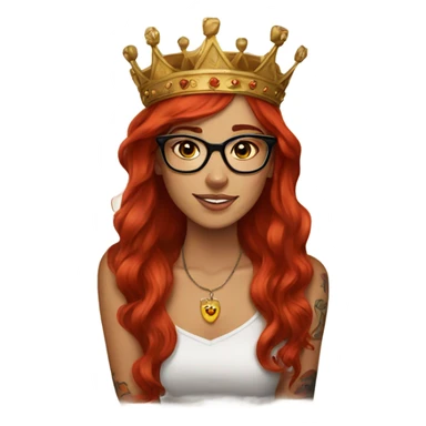 Beautiful girl, long red hair, tattoos, glasses and a crown sticker