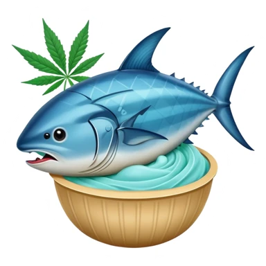 bluefin tuna in a gelato with cannabis leaf sticker