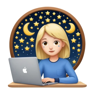 student with laptop, window at back, stars and moon visible, apple style emoji sticker