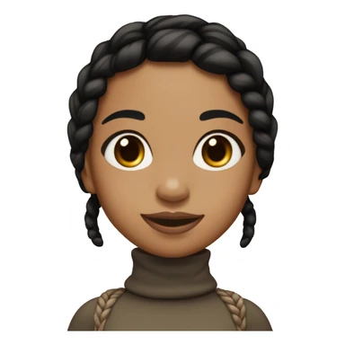 girl mixed skin tan has black and brown braids and medium size lips smiling and brown eyes and a black turtle neck holding up a peace sign sticker